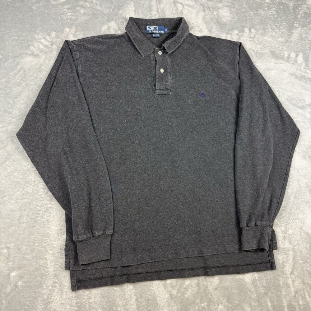 Vintage Polo Ralph Lauren Long Sleeve Polo Shirt Gray Purple Pony Medium